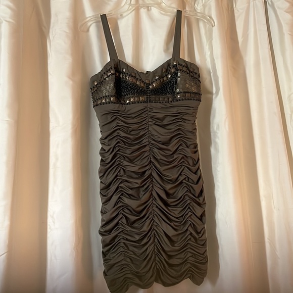 ARDEN B SizeMedium Army Green Ruched Spaghetti Strap Dress w/ heavily beaded top - Picture 3 of 5